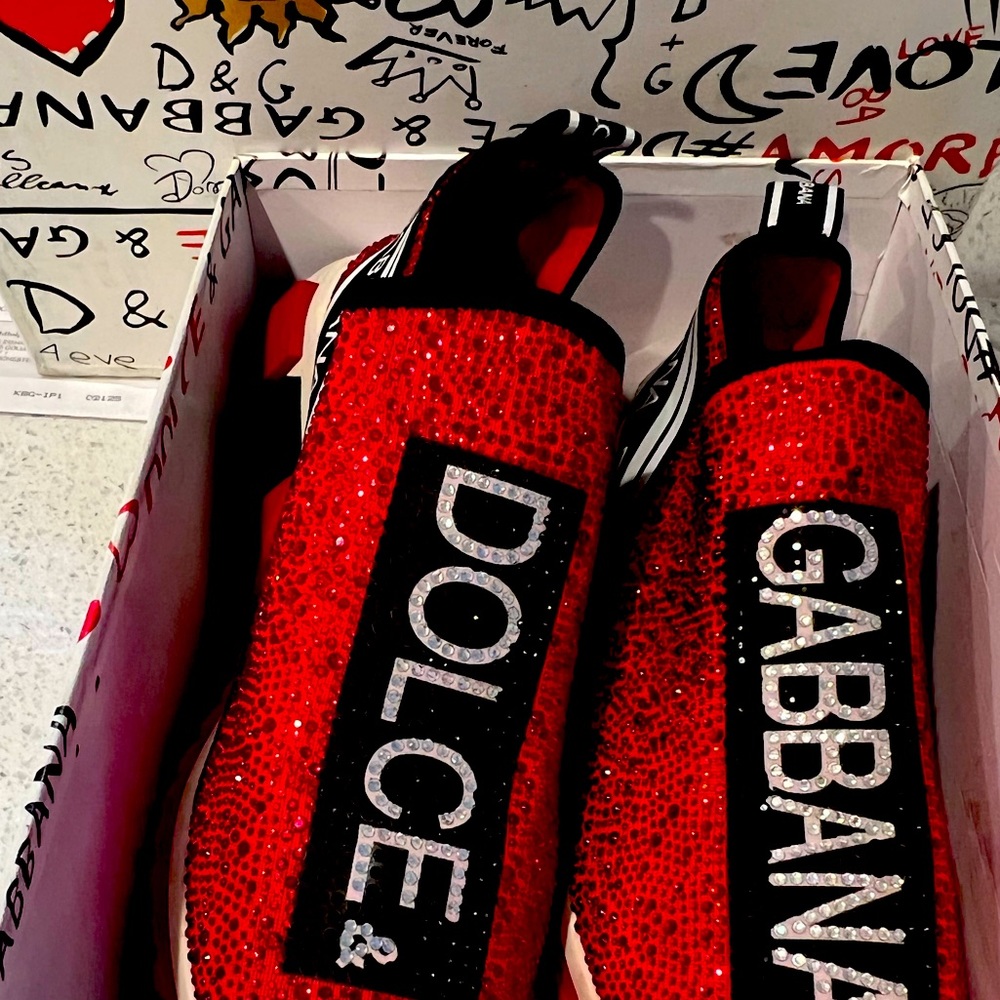 Light worn Dolce & Gabanna sneakers!!!!!! Cute red Swarovski crystals!!!
